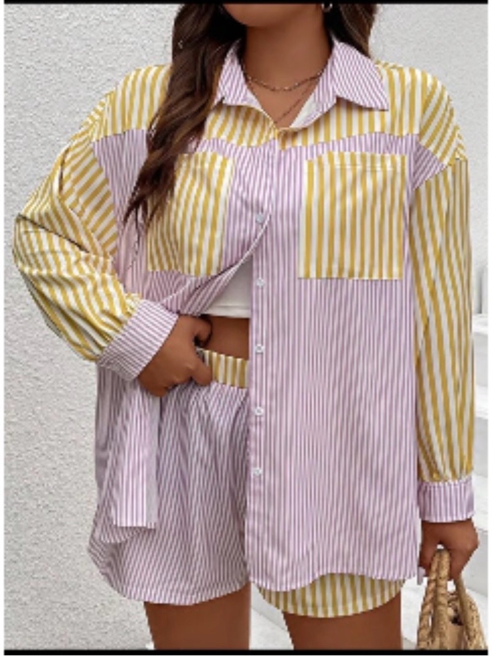 Two-Tone Striped Button-Up Shirt and Shorts Set - Pink & Mustard